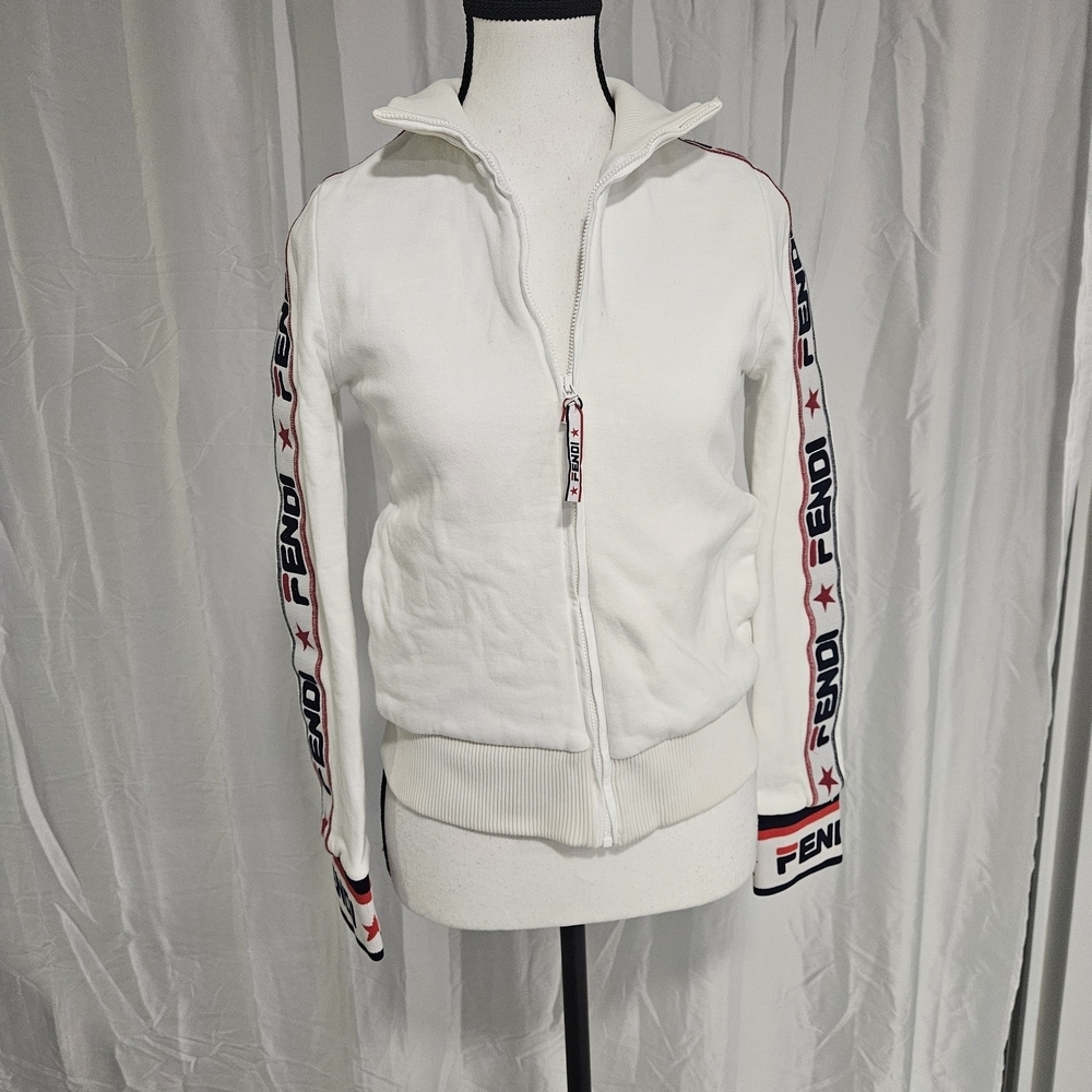 Fendi White Zip-Up Jacket with Logo Sleeves - Picture 4 of 16